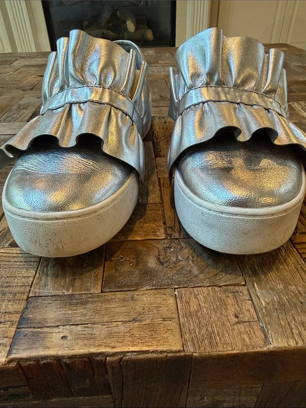 Michael Kors Bella Metallic Silver Platform Sneaker with Ruffle Detail 7 1/2